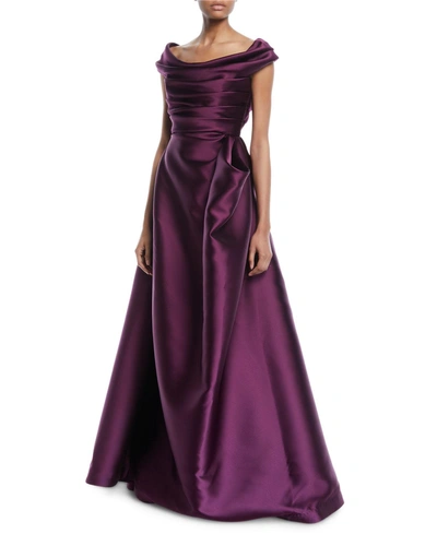 Roland Nivelais Off-the-shoulder Gathered Duchess Satin Evening Gown In Purple Metallic