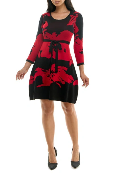 Nina Leonard Jacquard Fit & Flare Sweater Dress In Black/ Red
