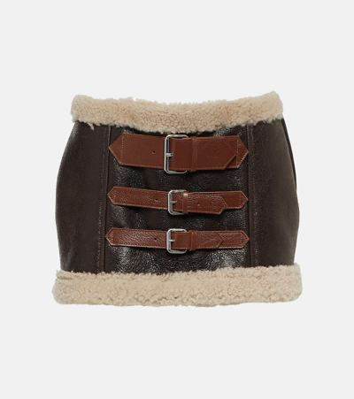 Blumarine Shearling-trimmed Leather Miniskirt In Brown