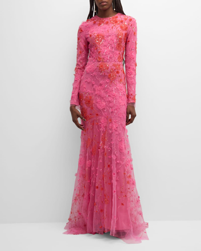 Monique Lhuillier Embroidered Floral Evening Gown In Raspberry Red