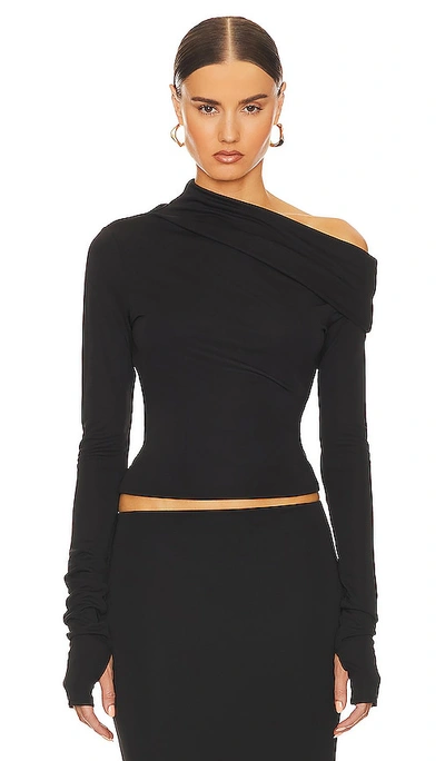 Helsa Matte Jersey Drape Shoulder Top In Black