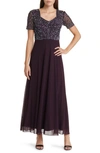 Pisarro Nights Beaded Bodice A-line Gown In Wine