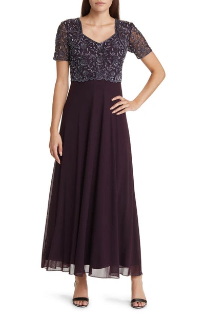 Pisarro Nights Beaded Bodice A-line Gown In Wine