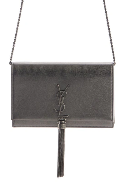 Saint Laurent Cassandre Kate Tassel Metallic Leather Wallet On A Chain In Silver Coal/ Nero