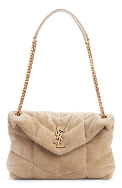 Saint Laurent Medium Puffer Suede Shoulder Bag In Matt Gold