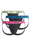 Nike 3-pack Dri-fit Essential Stretch Cotton Jockstraps In Black Green Blue Pink