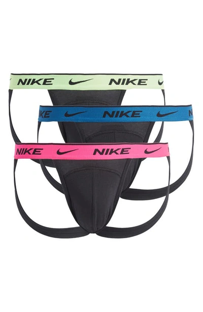 Nike 3-pack Dri-fit Essential Stretch Cotton Jockstraps In Black Green Blue Pink