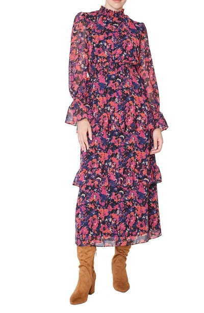 Julia Jordan Print Smocked Mock Neck Long Sleeve Maxi Dress In Pink Multi
