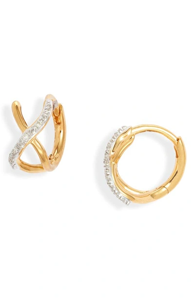 Monica Vinader Riva Cross Diamond Huggie Hoop Earrings In 18ct Gold Vermeil/st Silver