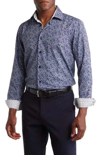 Tom Baine Performance Paisley Print Long Sleeve Button-up Shirt In Navy