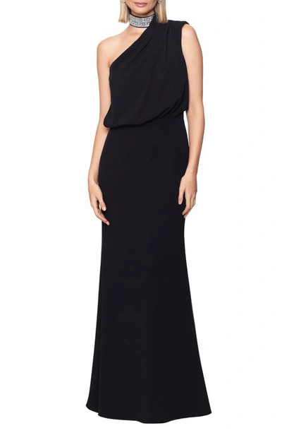 Betsy & Adam Crystal Mock Neck One-shoulder Gown In Black