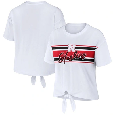 Wear By Erin Andrews White Nebraska Huskers Striped Front Knot Cropped T-shirt
