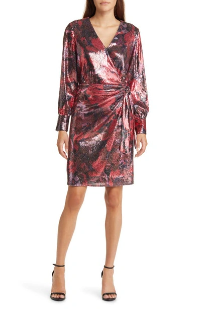 Anne Klein Floral Sequin Long Sleeve Faux Wrap Dress In Red