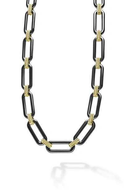 Lagos Signature Caviar Ceramic Link Necklace In Black/gold