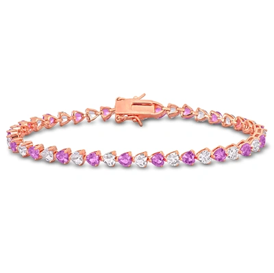Mimi & Max 12ct Tgw Created Pink And White Heart-cut Sapphire Bracelet In Rose Silver - 7.5 In.