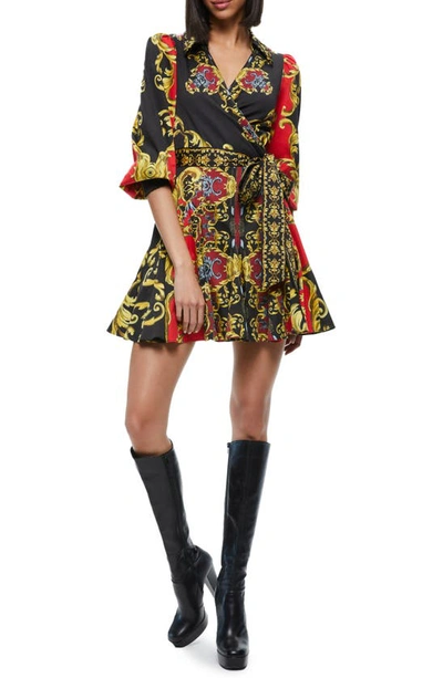 Alice And Olivia Alisa Scarf Print Long Sleeve Stretch Cotton Wrap Minidress In Regal Romance Bordeaux