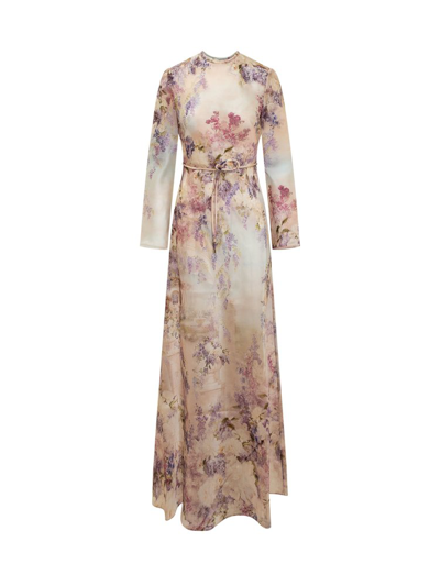 Zimmermann Luminosity Printed Silk Long Dress In Purple,pink,light Blue
