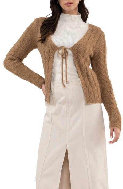 Blu Pepper Front Tie Cable Knit Cardigan In Brown