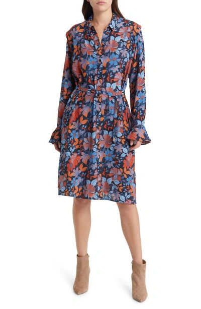 French Connection Adalina Floral Belted Long Sleeve Shirtdress In Coastal Fjord