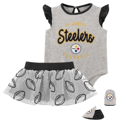 Outerstuff Babies' Girls Infant Heather Gray/black Pittsburgh Steelers All Dolled Up Three-piece Bodysuit, Skirt & Boot