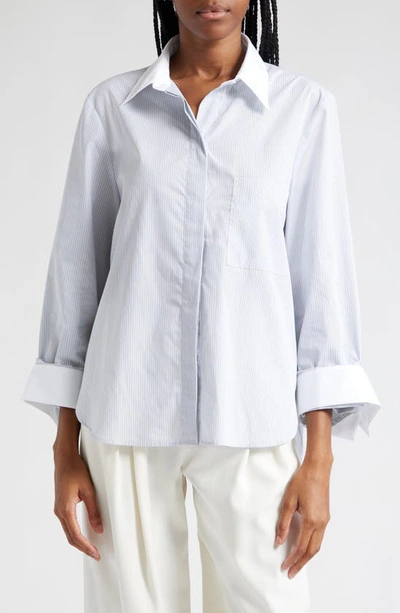 Twp Pinstripe Cotton Poplin Button-up Shirt In White/ Grey/ Blue