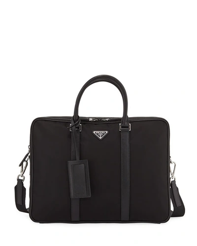 Prada Men's Slim Nylon Briefcase With Leather Trim In Black