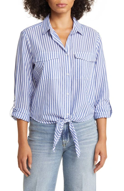 Beachlunchlounge Stripe Tie Front Cotton & Modal Button-up Shirt In Blue Wale