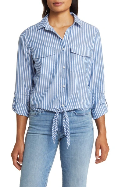 Beachlunchlounge Stripe Tie Front Cotton & Modal Button-up Shirt In Ocean Air