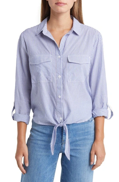 Beachlunchlounge Stripe Tie Front Cotton & Modal Button-up Shirt In Sea Floor