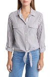 Beachlunchlounge Stripe Tie Front Cotton & Modal Button-up Shirt In Silver Lining