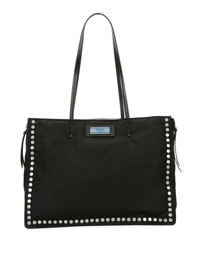 Prada Studded Tessuto Etiquette Shopper Bag In Black