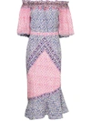 Saloni Grace Off-the-shoulder Printed Silk Crepe De Chine Midi Dress In Purple