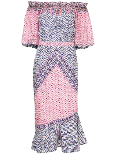 Saloni Grace Off-the-shoulder Printed Silk Crepe De Chine Midi Dress In Pink