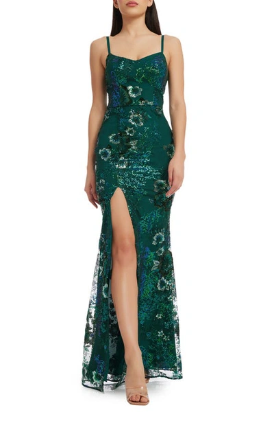 Dress The Population Tori Floral Sequin Mermaid Gown In Deep Emerald Multi