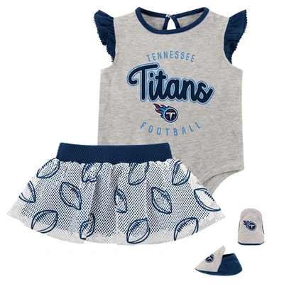 Outerstuff Babies' Girls Infant Heather Gray/navy Tennessee Titans All Dolled Up Three-piece Bodysuit, Skirt & Booties