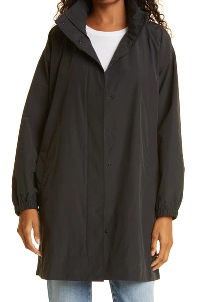 Eileen Fisher Stand Collar Hidden Hood Organic Cotton Blend Coat In Black