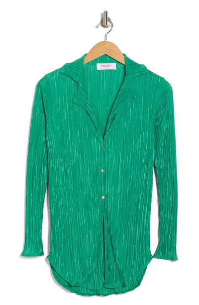 Renee C Women's Plisse Camp Collar Button Down Shirt In Emerald Green