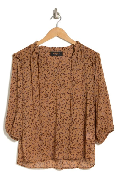 Renee C Floral Print Notch Neck Balloon Sleeve Top In Khaki