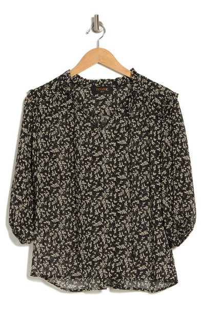 Renee C Floral Print Notch Neck Balloon Sleeve Top In Black