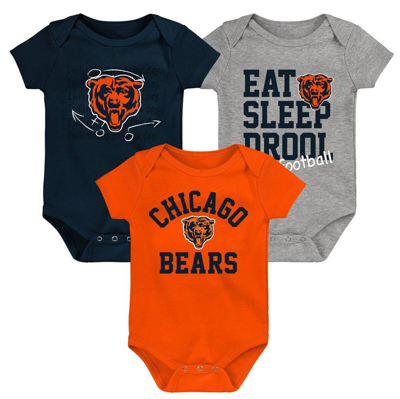 Outerstuff Babies' Newborn & Infant Orange/navy/heather Gray Chicago Bears Three-pack Eat, Sleep & Drool Retro Bodysuit In Orange,navy,heather Gray