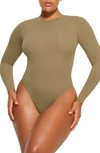 Skims Fits Everybody Long Sleeve Thong Bodysuit In Khaki