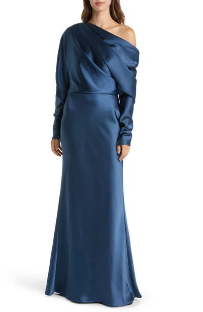 Amsale Pleated One-shoulder Long Sleeve Satin Gown In Blue