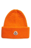 Moncler Bell Logo Patch Virgin Wool & Cashmere Beanie In Orange Aurora