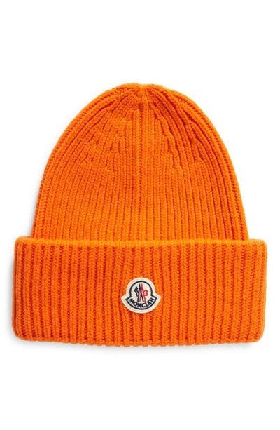 Moncler Bell Logo Patch Virgin Wool & Cashmere Beanie In Orange Aurora