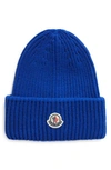 Moncler Electric Blue Wool Blend Beanie Hat In Multi-colored