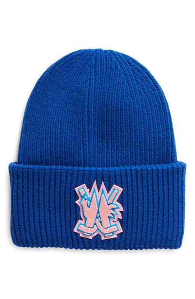 Moncler Hockey Logo Virgin Wool Rib Beanie In Blue