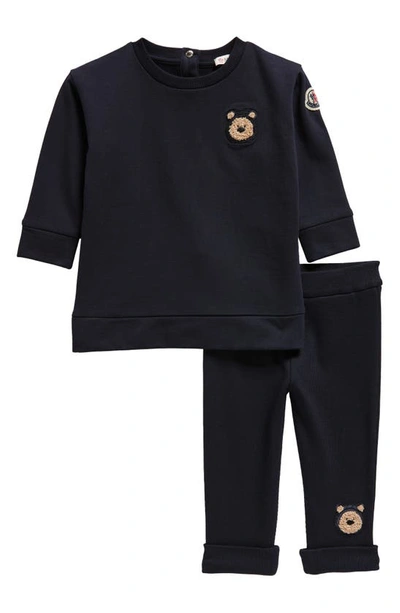 Moncler Babies'  Kids' Bear Patch Cotton Stretch Fleece Sweatshirt & Joggers Set In Blue Navy