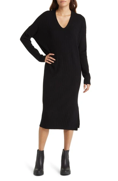 Caslon Long Sleeve Rib Sweater Dress In Black | ModeSens