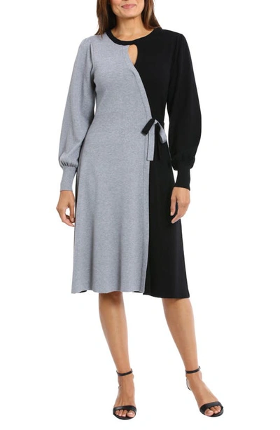 Maggy London Colorblock Faux Wrap Long Sleeve Sweater Dress In Black/heather Grey
