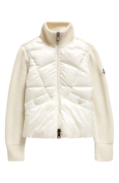 Moncler Kids' Hybrid Virgin Wool Knit & Down Puffer Cardigan In White